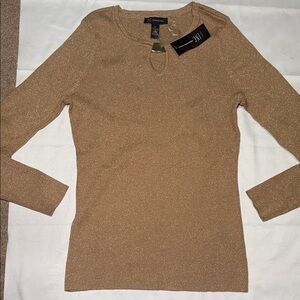 INC International Concepts Metallic Camel Long Sleeve Keyhole Top